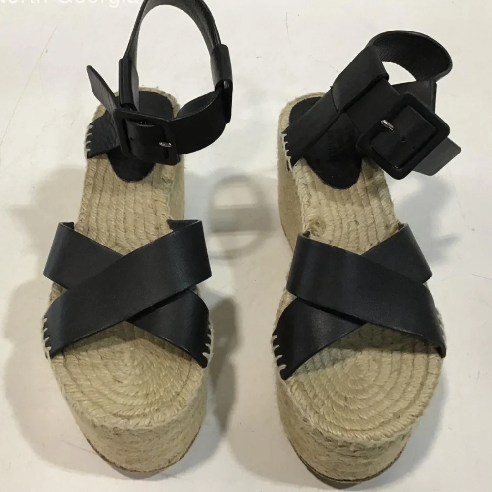 Women’s Chloe Isla Black Leather Platform Espadrille Sandals Size 38